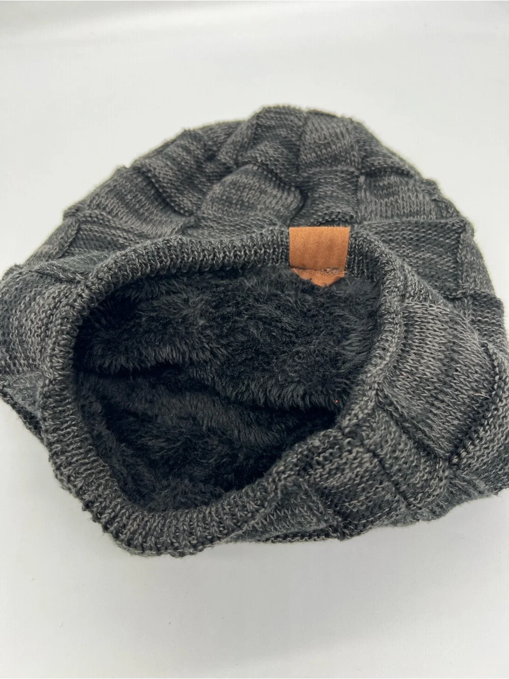 Redess Textured Knit Beanie with Leather Patch - Charcoal Gray
